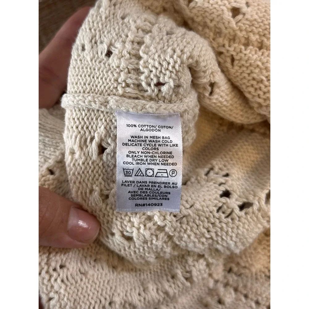 LOFT Cream Cotton Tiered Ruffle Pointelle Sweater Lace Boho L Cottagecore Earthy